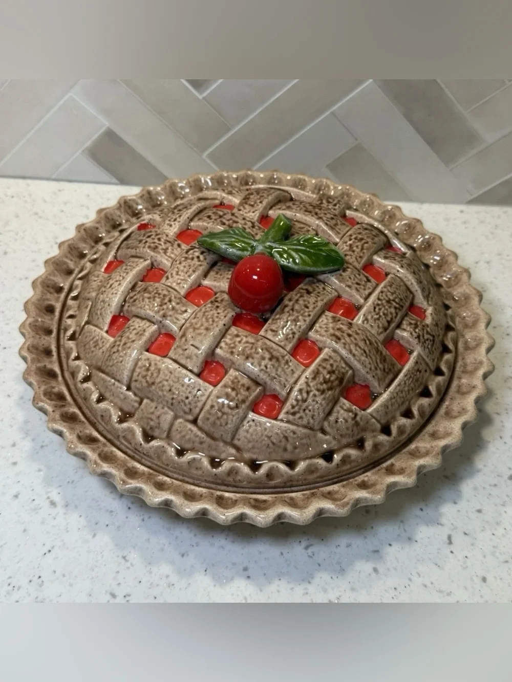 Vintage Ceramic Pie Keeper Dish with Lid Beautiful with cherry on top MCM EUC